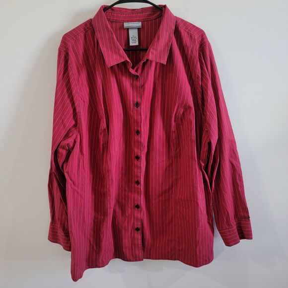 Catherines Womens‎ Button Up Top Size 2X Red Striped Non Iron Career - Picture 1 of 6
